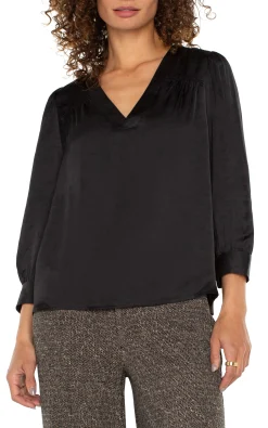 Tops-Liverpool Los Angeles LONG SLEEVE PLEATED NECK WOVEN BLOUSE Black