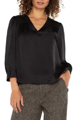 Tops-Liverpool Los Angeles LONG SLEEVE PLEATED NECK WOVEN BLOUSE Black