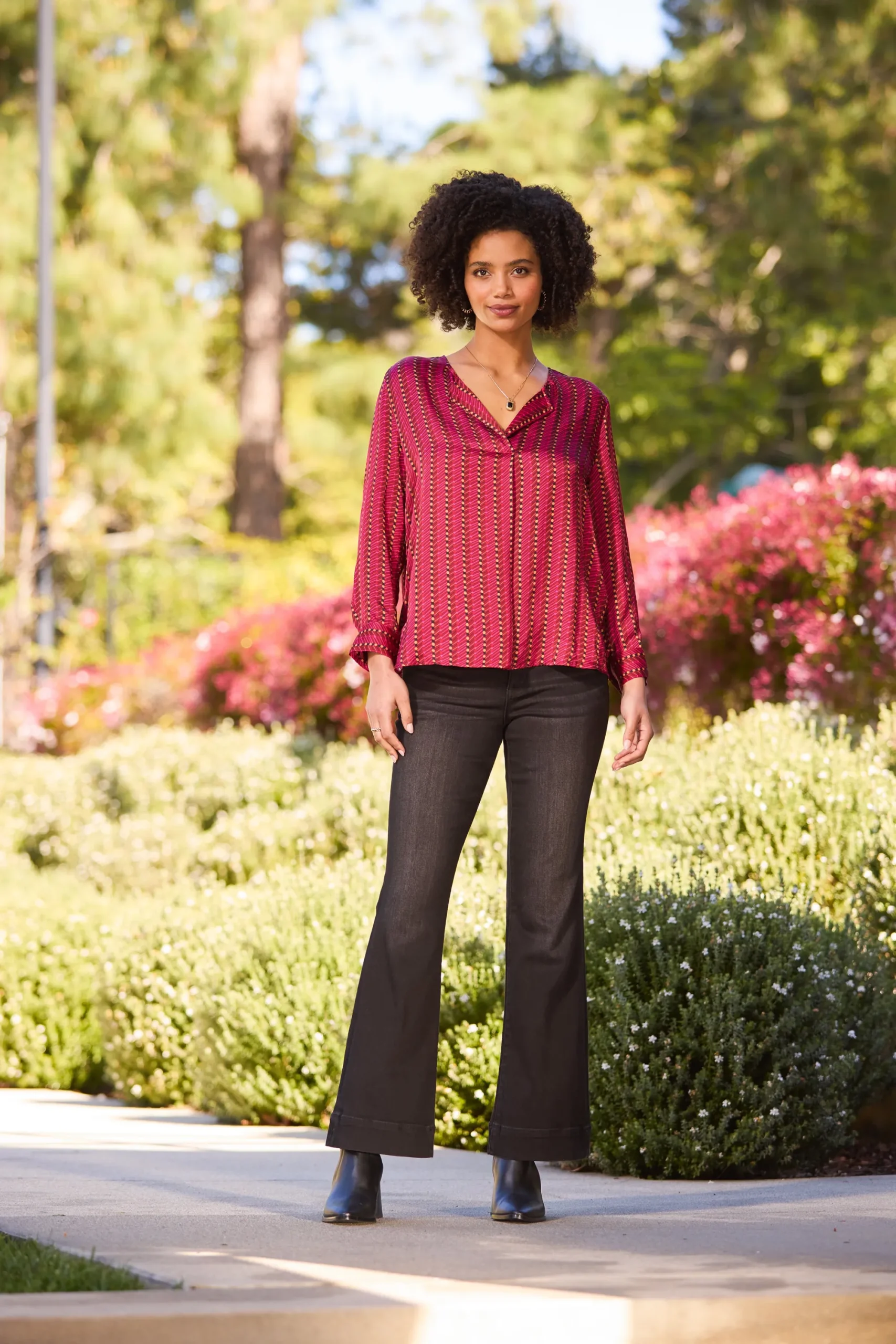 Tops-Liverpool Los Angeles LONG SLEEVE POPOVER WOVEN BLOUSE Rubydottedstripe