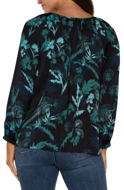 Tops-Liverpool Los Angeles LONG SLEEVE SHIRRED WOVEN BLOUSE Malachitefoliage