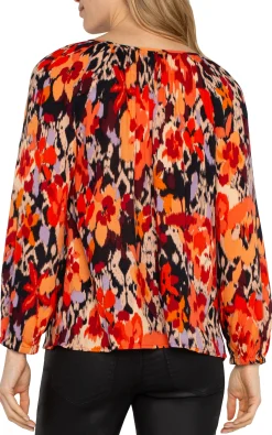 Tops-Liverpool Los Angeles LONG SLEEVE SHIRRED WOVEN BLOUSE Burntorangefloral