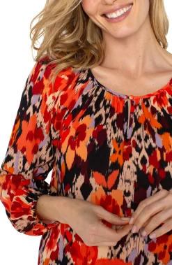 Tops-Liverpool Los Angeles LONG SLEEVE SHIRRED WOVEN BLOUSE Burntorangefloral