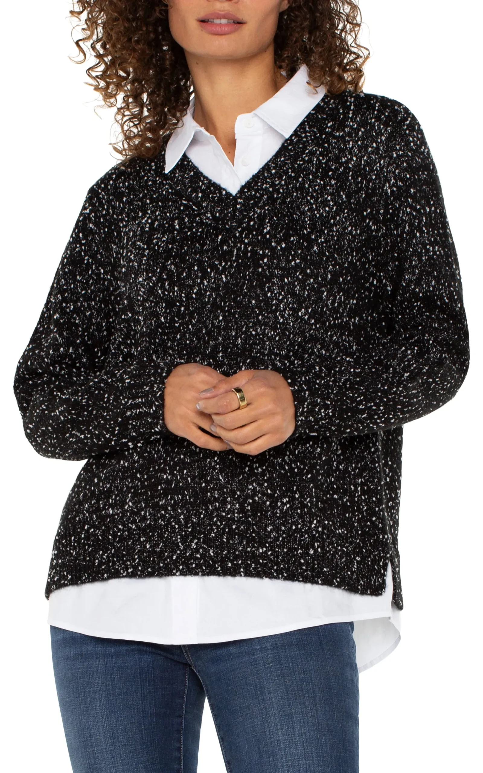 Sweaters|Tees-Liverpool Los Angeles LONG SLEEVE TWOFER COLLARED SWEATER Blackwithwhiteflecks