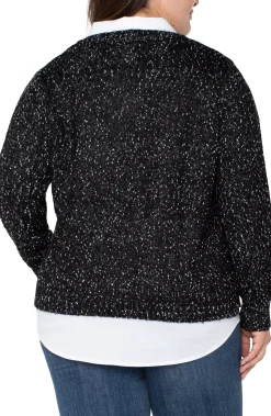 Tops-Liverpool Los Angeles LONG SLEEVE TWOFER COLLARED SWEATER Blackwithwhiteflecks