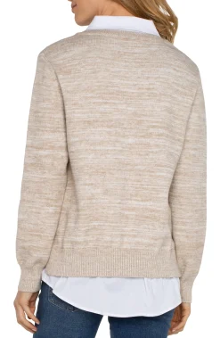 Sweaters-Liverpool Los Angeles LONG SLEEVE TWOFER COLLARED SWEATER Lightoatmealmelange