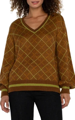 Sweaters|Tees-Liverpool Los Angeles LONG SLEEVE V NECK SWEATER Caramelmulti