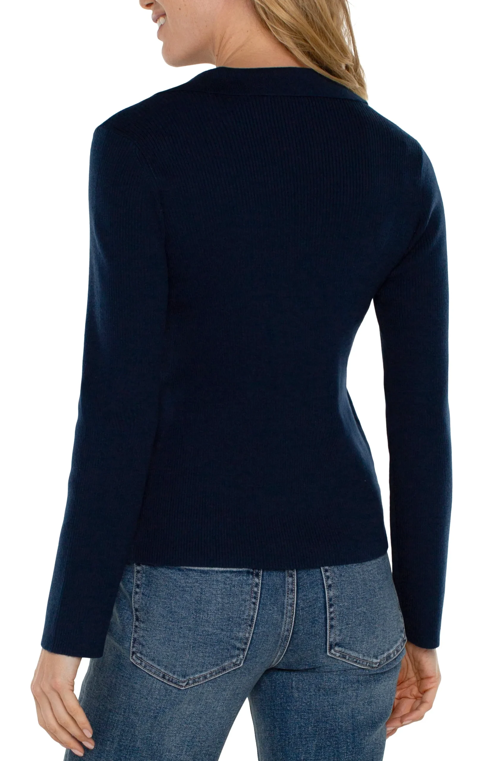 Tees|Sweaters-Liverpool Los Angeles LONG SLEEVE V-NECK COLLARED SWEATER Darknavy
