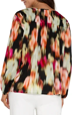 Tops-Liverpool Los Angeles LONG SLEEVE V-NECK SHIRRED WOVEN BLOUSE Starrubyfloral