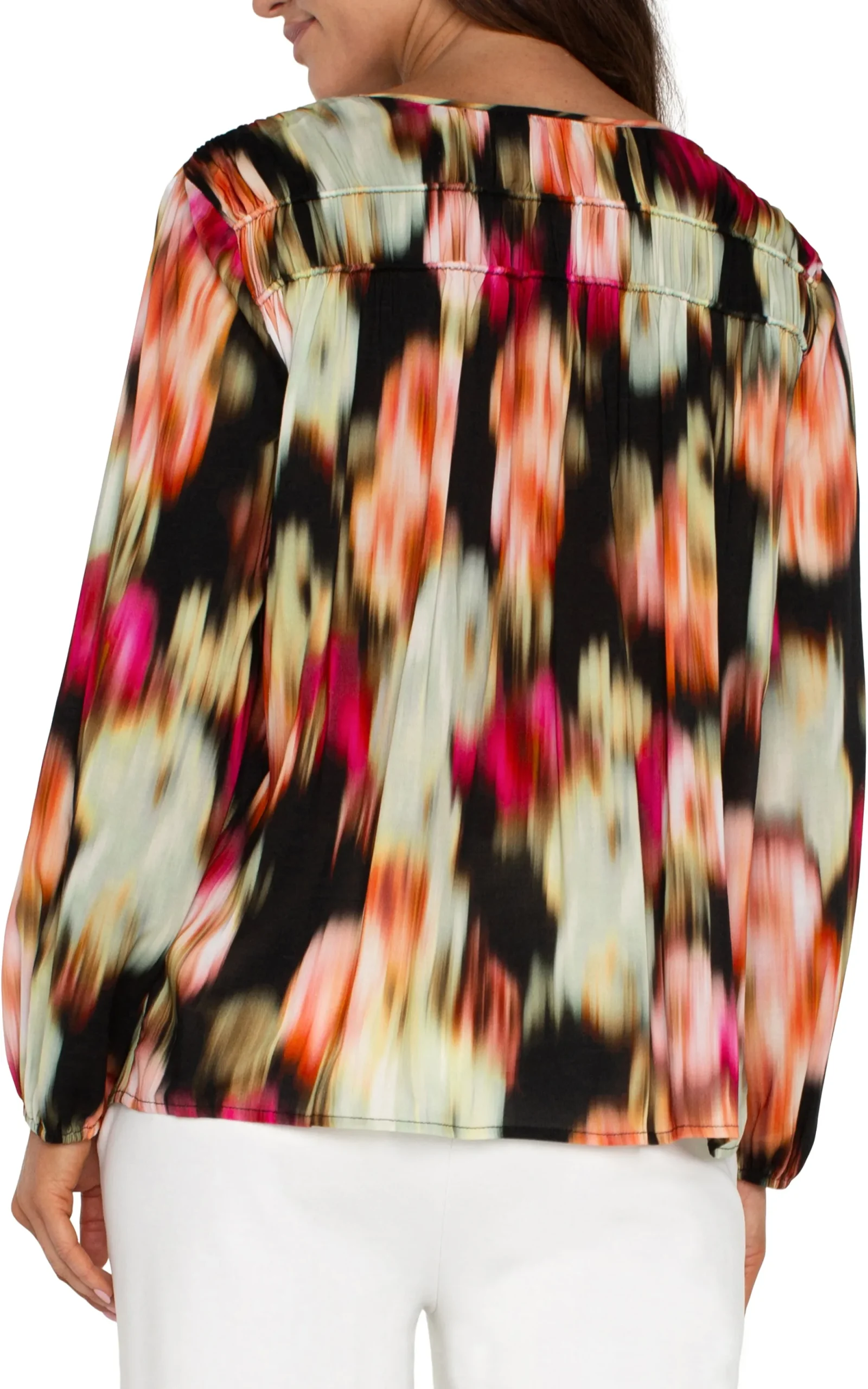 Tops-Liverpool Los Angeles LONG SLEEVE V-NECK SHIRRED WOVEN BLOUSE Starrubyfloral