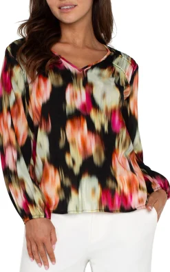 Tops-Liverpool Los Angeles LONG SLEEVE V-NECK SHIRRED WOVEN BLOUSE Starrubyfloral