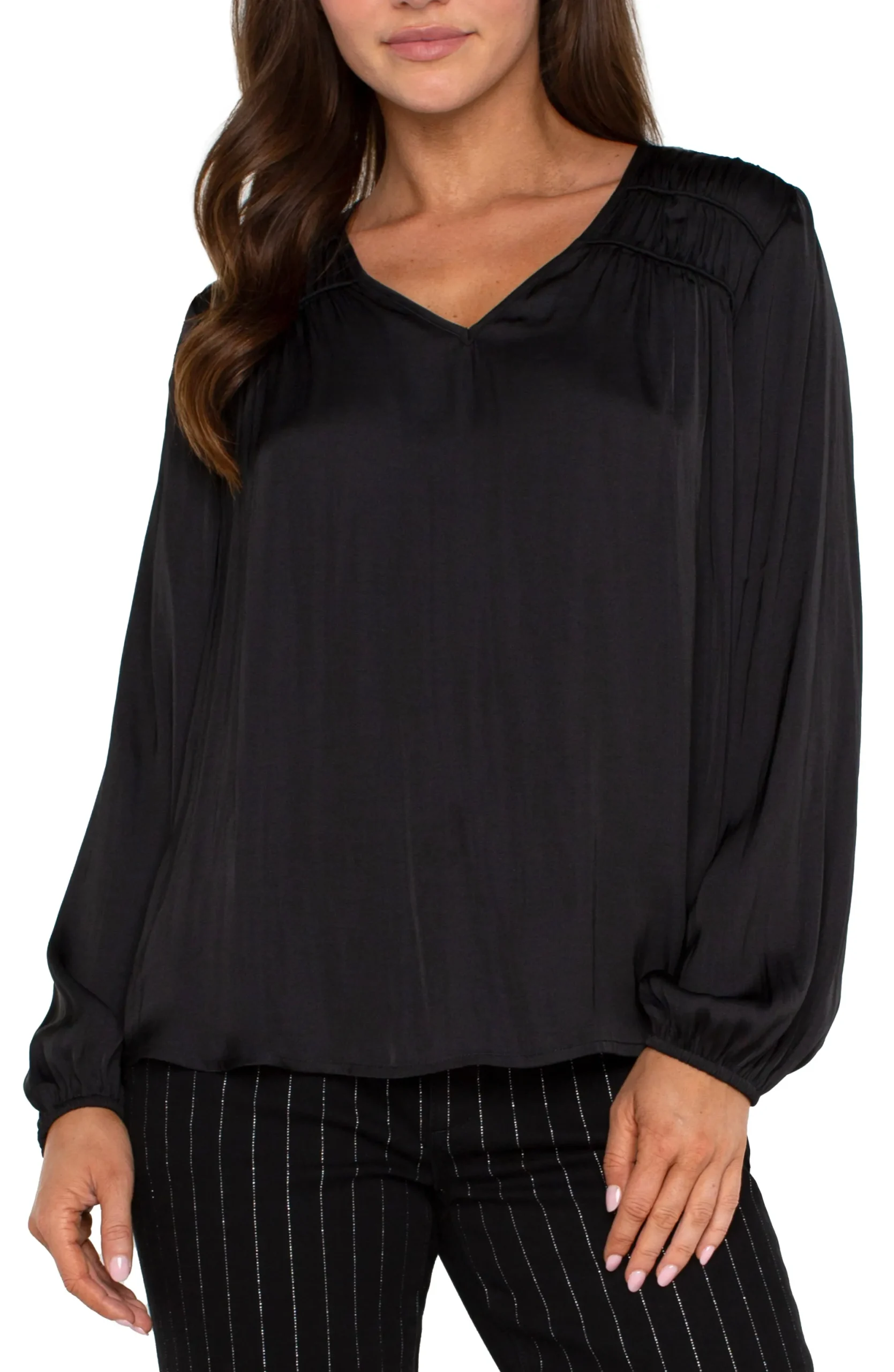 Tops-Liverpool Los Angeles LONG SLEEVE V-NECK WOVEN BLOUSE Black