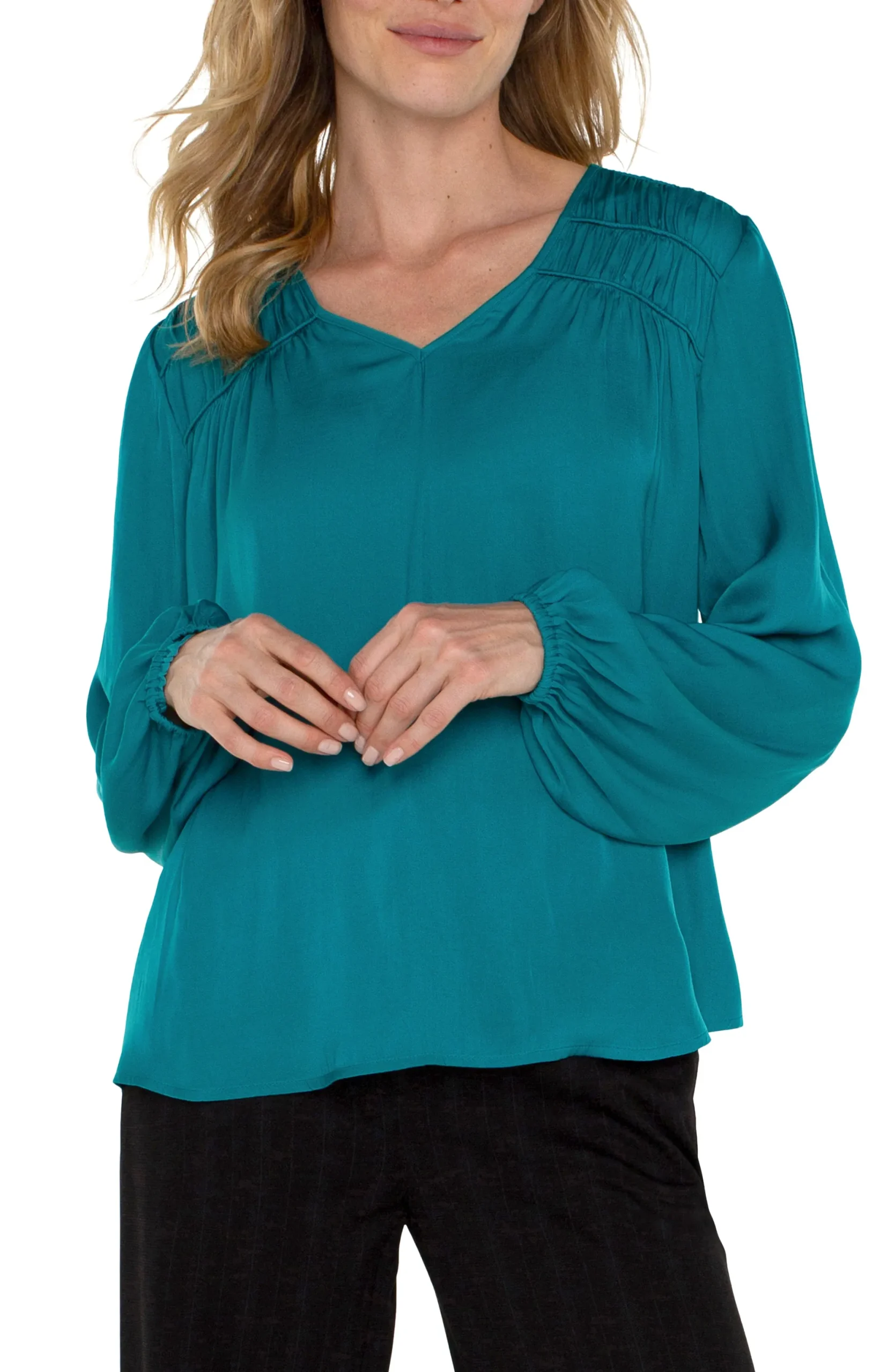 Tops-Liverpool Los Angeles LONG SLEEVE V-NECK WOVEN BLOUSE Malachite