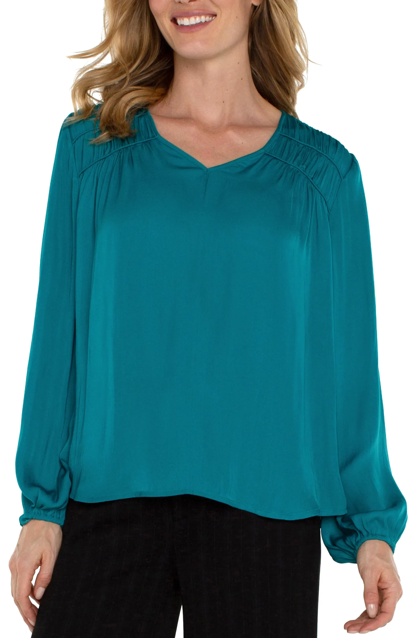 Tops-Liverpool Los Angeles LONG SLEEVE V-NECK WOVEN BLOUSE Malachite