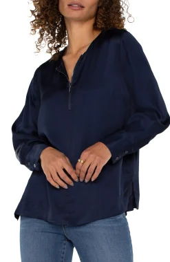 Tops-Liverpool Los Angeles LONG SLEEVE WOVEN TOP WITH ZIP FRONT Darknavy