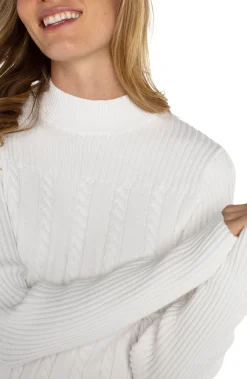 Tees|Sweaters-Liverpool Los Angeles MOCK NECK CABLE SWEATER Porcelain
