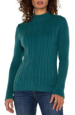 Tees|Sweaters-Liverpool Los Angeles MOCK NECK CABLE SWEATER Malachite