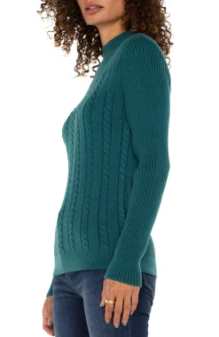 Tees|Sweaters-Liverpool Los Angeles MOCK NECK CABLE SWEATER Malachite