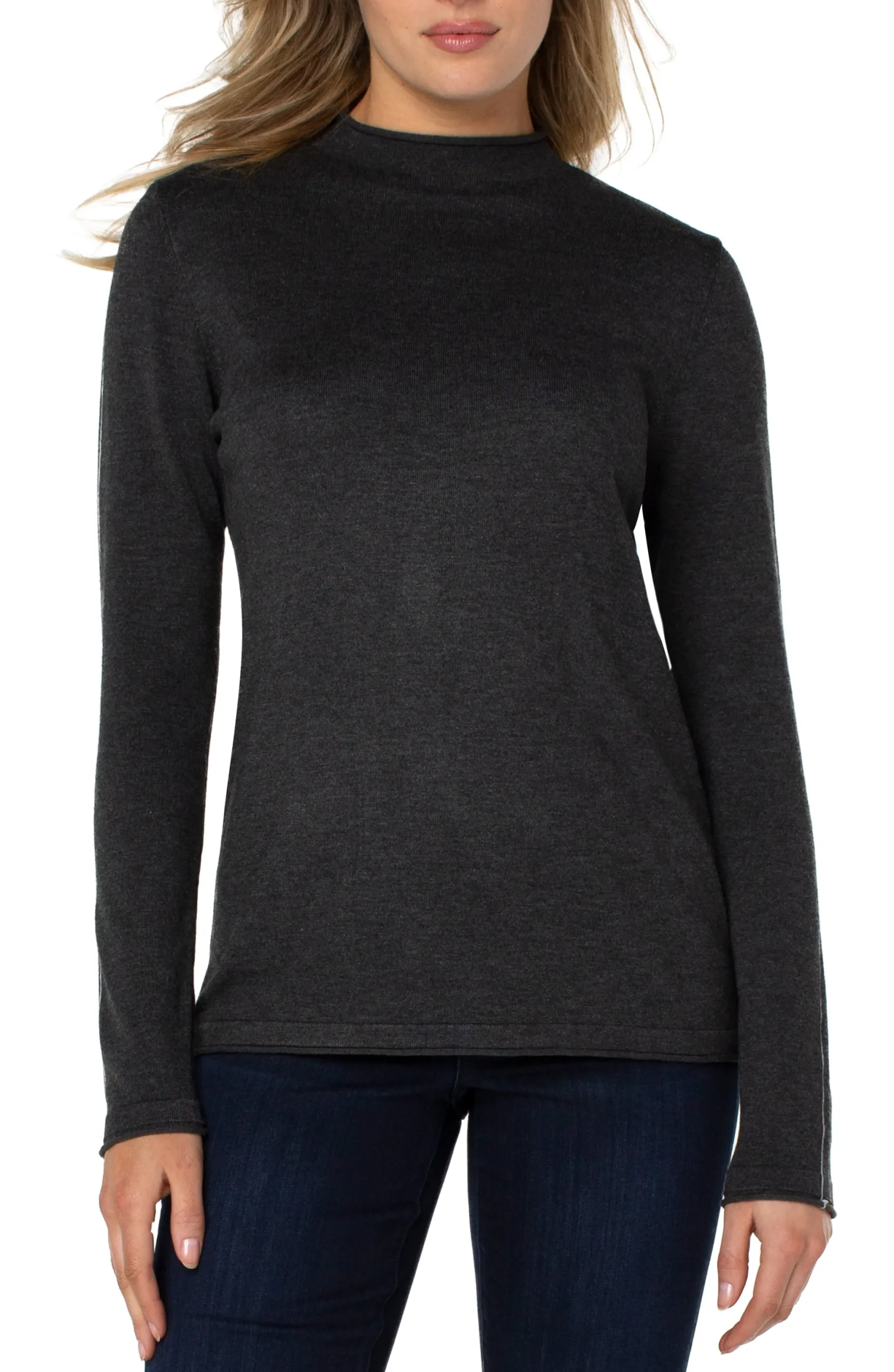 Sweaters-Liverpool Los Angeles MOCK NECK ROLLED HEM LONG SLEEVE SWEATER Charcoalgrey