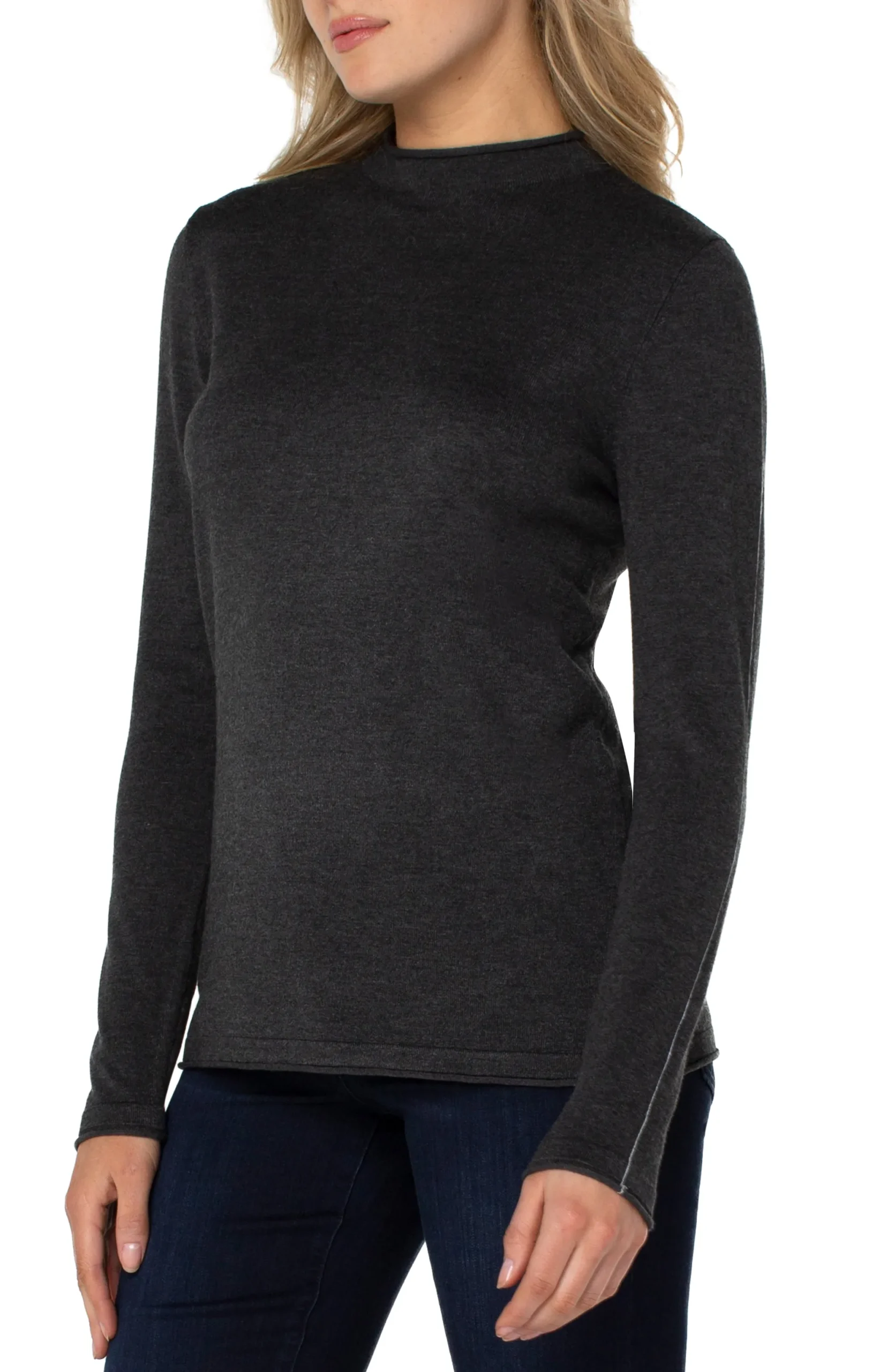 Sweaters-Liverpool Los Angeles MOCK NECK ROLLED HEM LONG SLEEVE SWEATER Charcoalgrey