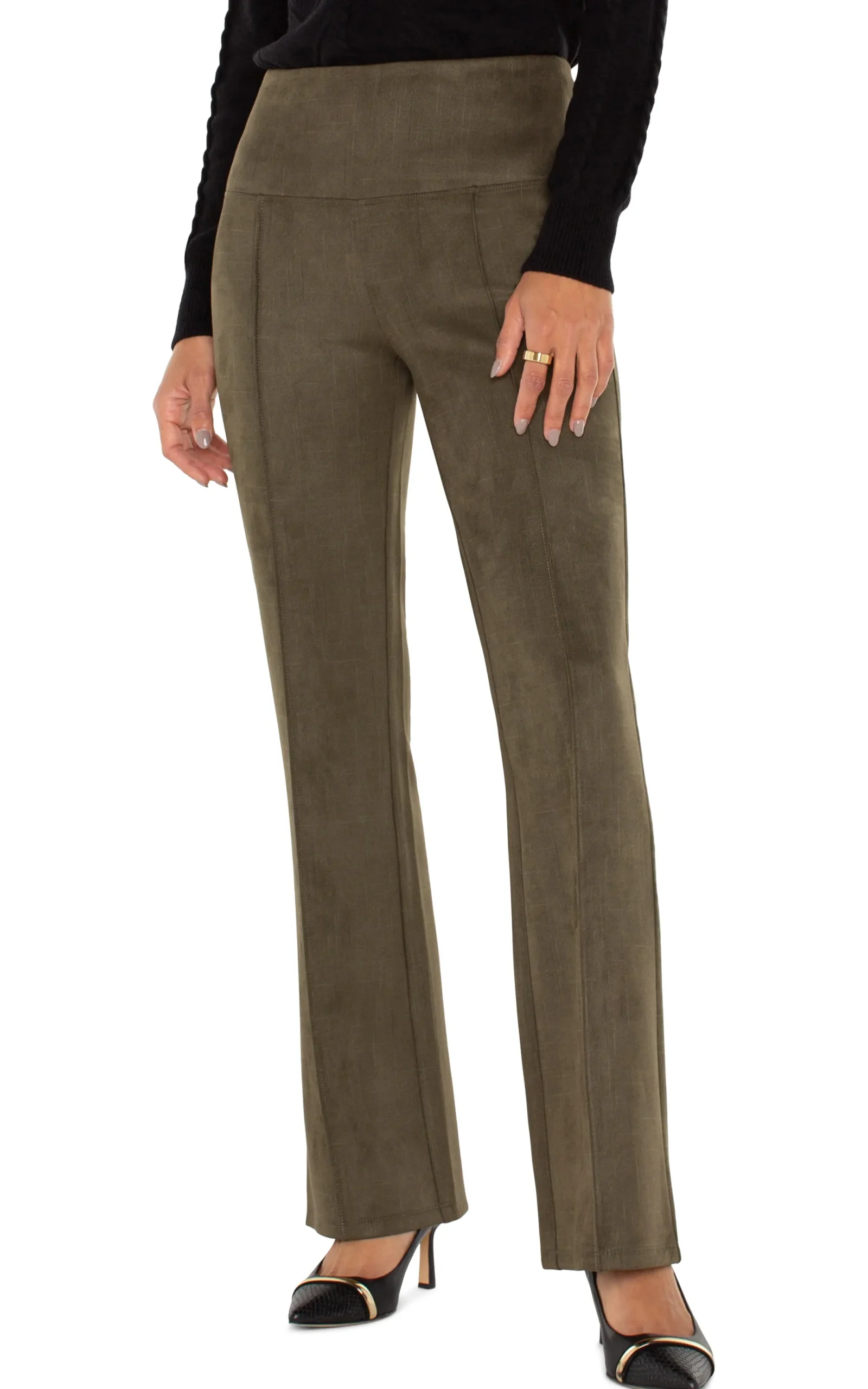 Pants|Knit Pull-On-Liverpool Los Angeles PEARL FULL LENGTH FLARE WITH PINTUCKS Olive