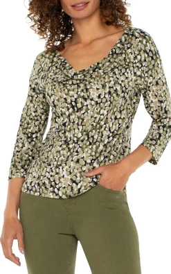 Tops-Liverpool Los Angeles PETITE 3/4 SLEEVE DRAPED NECK KNIT TOP Olivecamodot