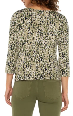 Tops-Liverpool Los Angeles PETITE 3/4 SLEEVE DRAPED NECK KNIT TOP Olivecamodot
