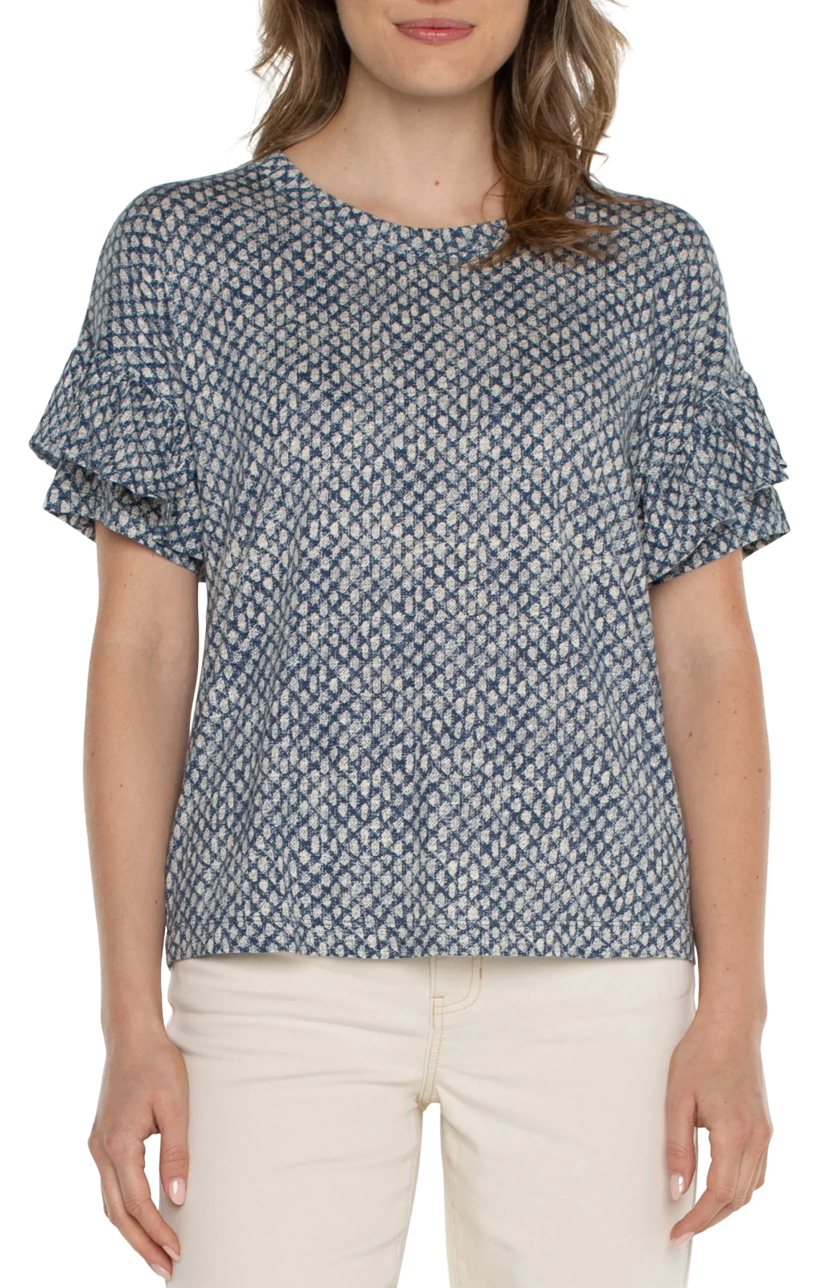 Tops-Liverpool Los Angeles PETITE 1/2 SLEEVE DROP SHOULDER WITH RUFFLE Navytextureddots