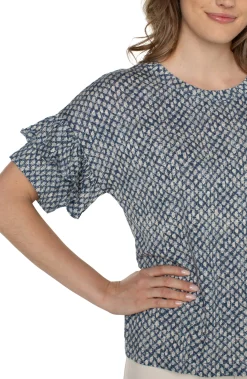 Tops-Liverpool Los Angeles PETITE 1/2 SLEEVE DROP SHOULDER WITH RUFFLE Navytextureddots