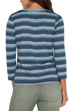Tops-Liverpool Los Angeles PETITE 3/4 SLEEVE SCOOP NECK KNIT TOP Bluetealmultistripe