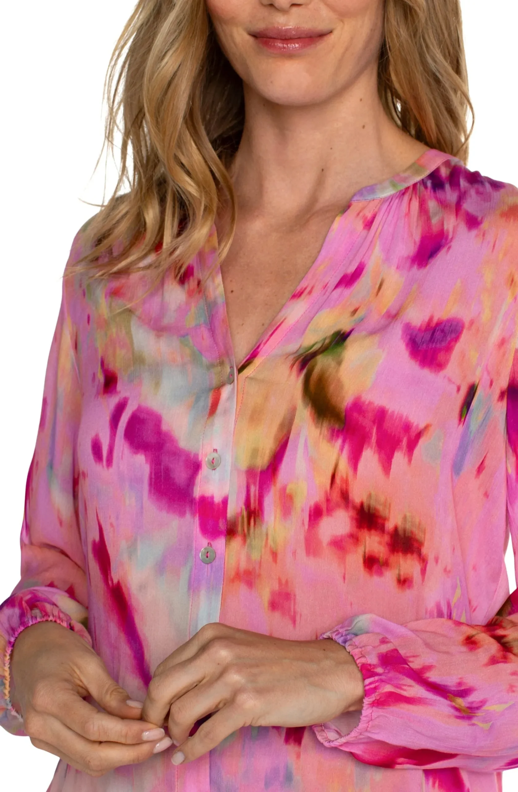Tops-Liverpool Los Angeles PETITE BUTTON FRONT SHIRRED BLOUSE Fuchsiawatercolor
