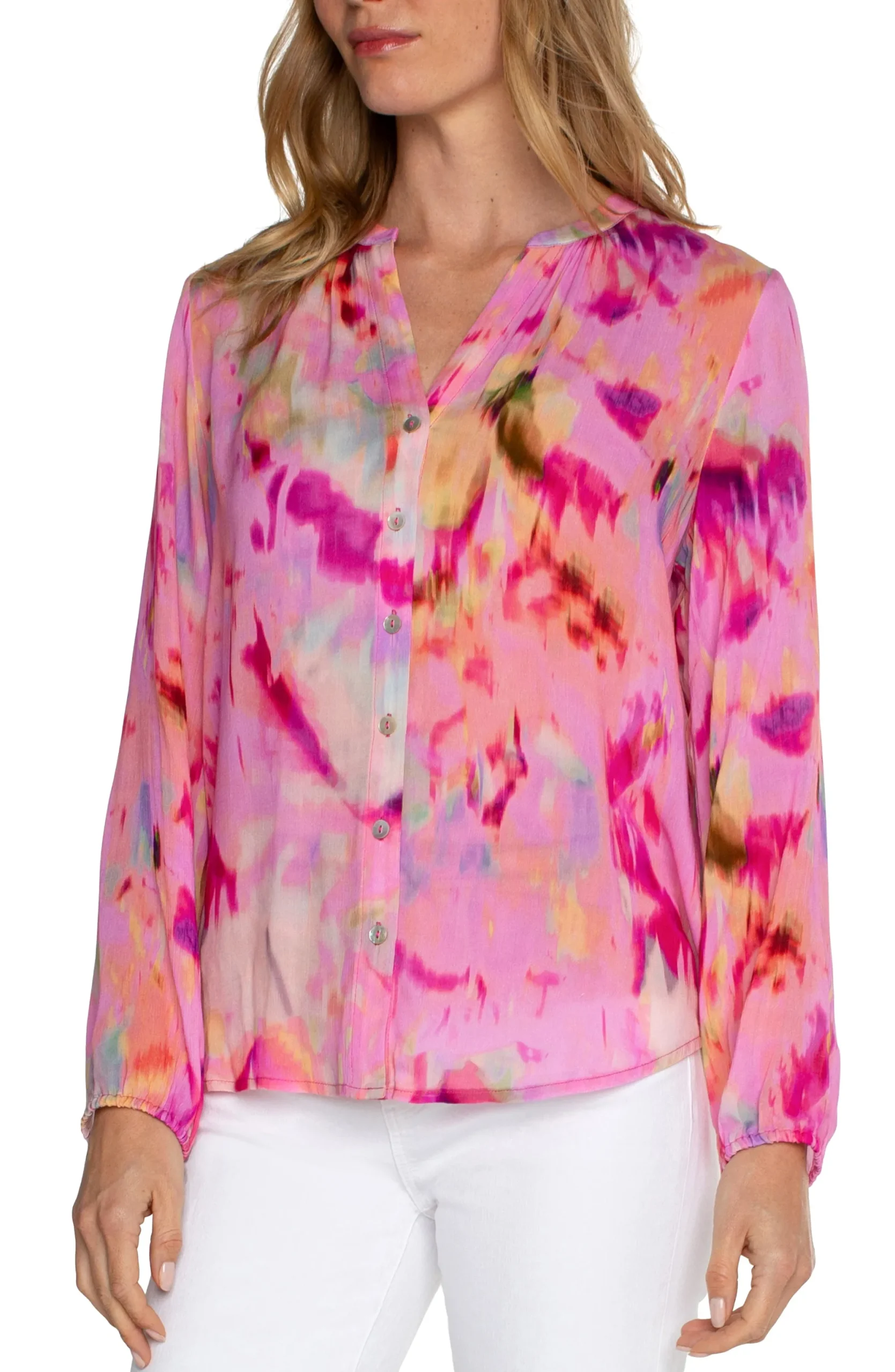 Tops-Liverpool Los Angeles PETITE BUTTON FRONT SHIRRED BLOUSE Fuchsiawatercolor