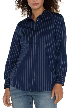 Tops-Liverpool Los Angeles PETITE CLASSIC BUTTON FRONT POPLIN SHIRT Navywhitepinstripe
