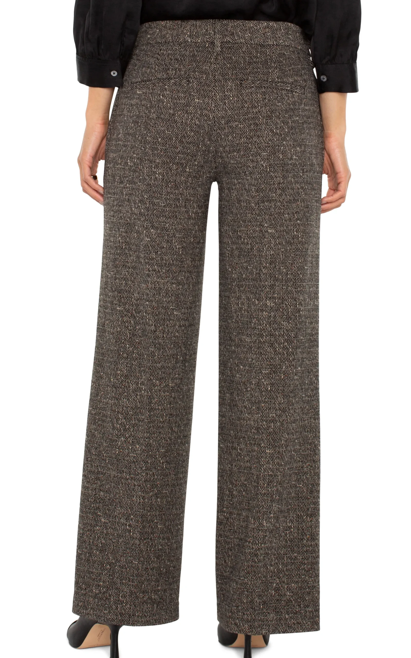 Pants-Liverpool Los Angeles PETITE KELSEY WIDE LEG TROUSER Blacktanherringbone