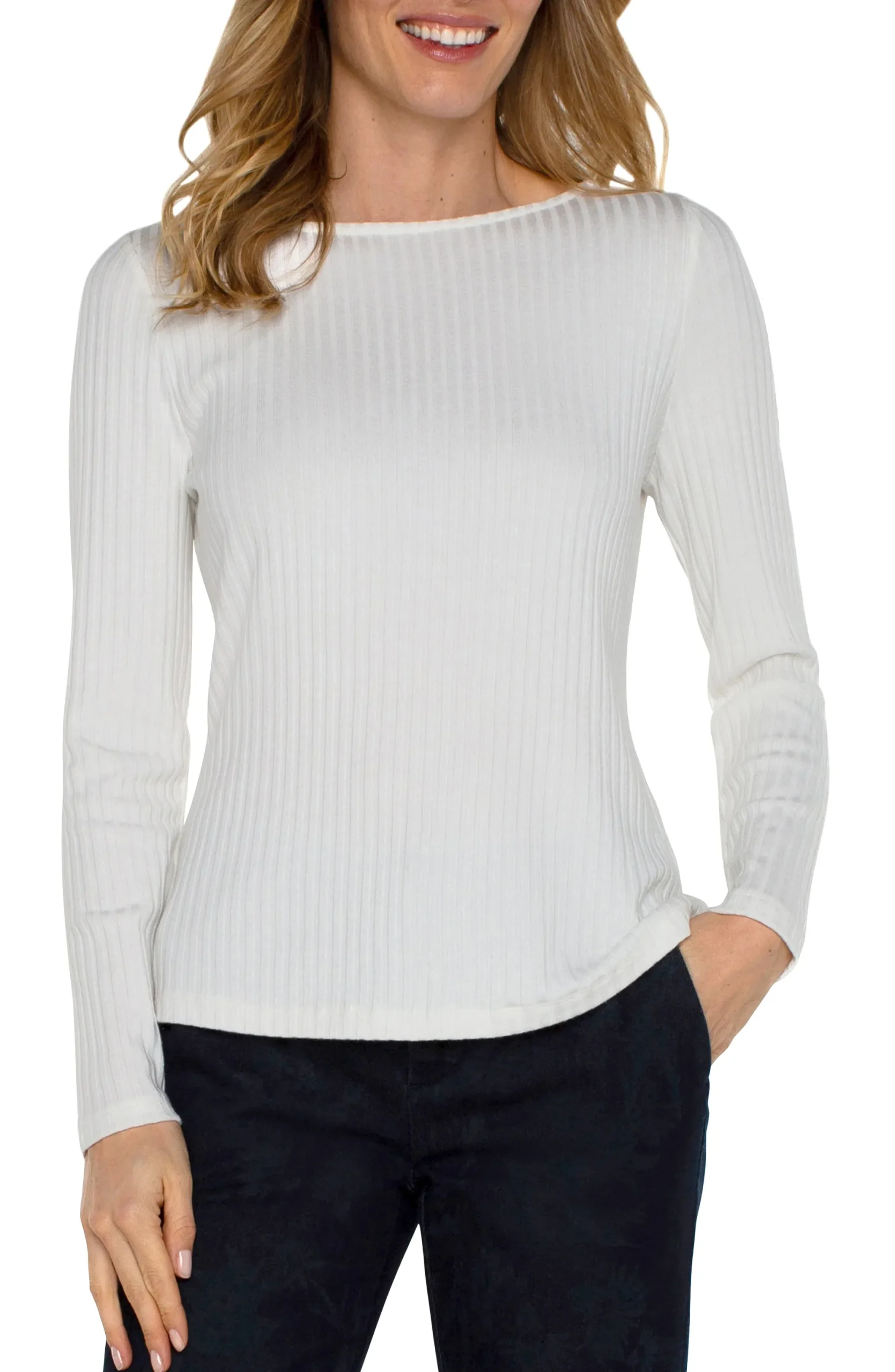 Tops-Liverpool Los Angeles PETITE LONG SLEEVE BOAT NECK KNIT TOP Snow