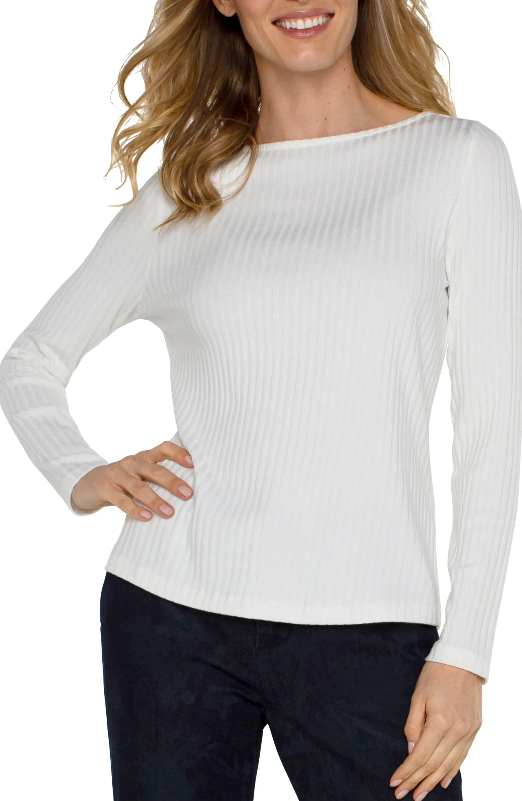 Tops-Liverpool Los Angeles PETITE LONG SLEEVE BOAT NECK KNIT TOP Snow