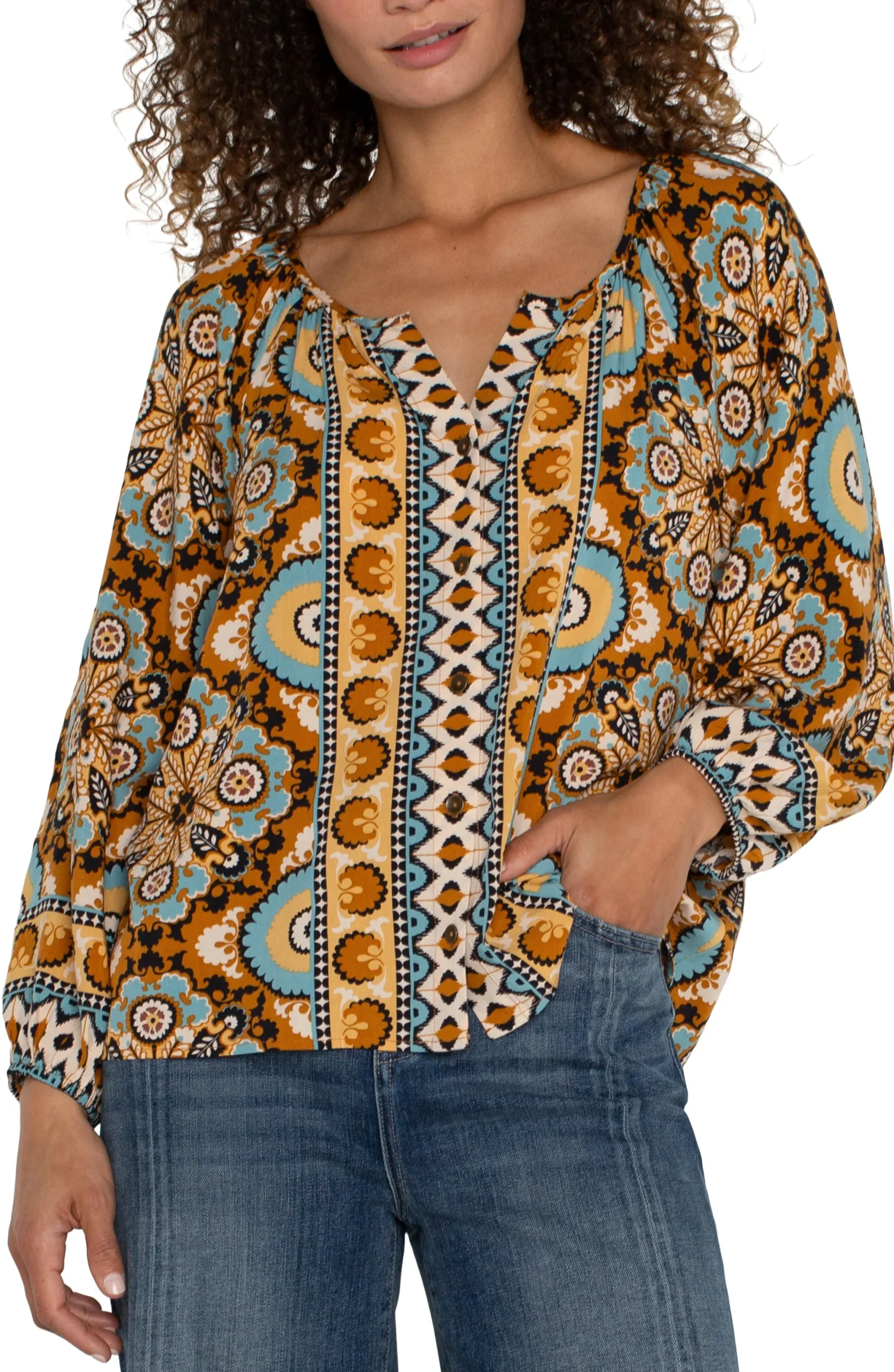 Tops-Liverpool Los Angeles PETITE LONG SLEEVE BUTTON FRONT WOVEN BLOUSE Oceanjaspermulti
