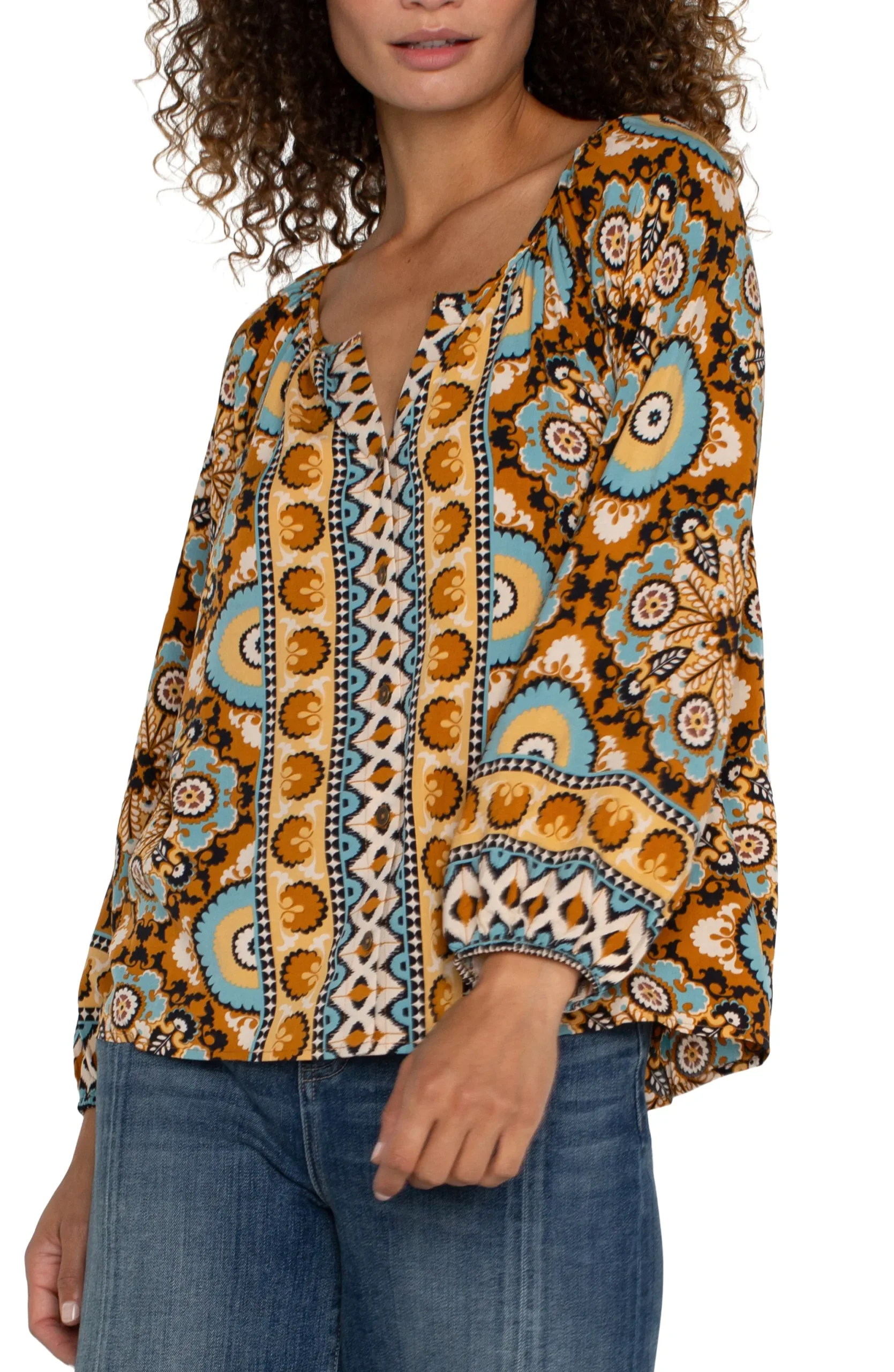 Tops-Liverpool Los Angeles PETITE LONG SLEEVE BUTTON FRONT WOVEN BLOUSE Oceanjaspermulti