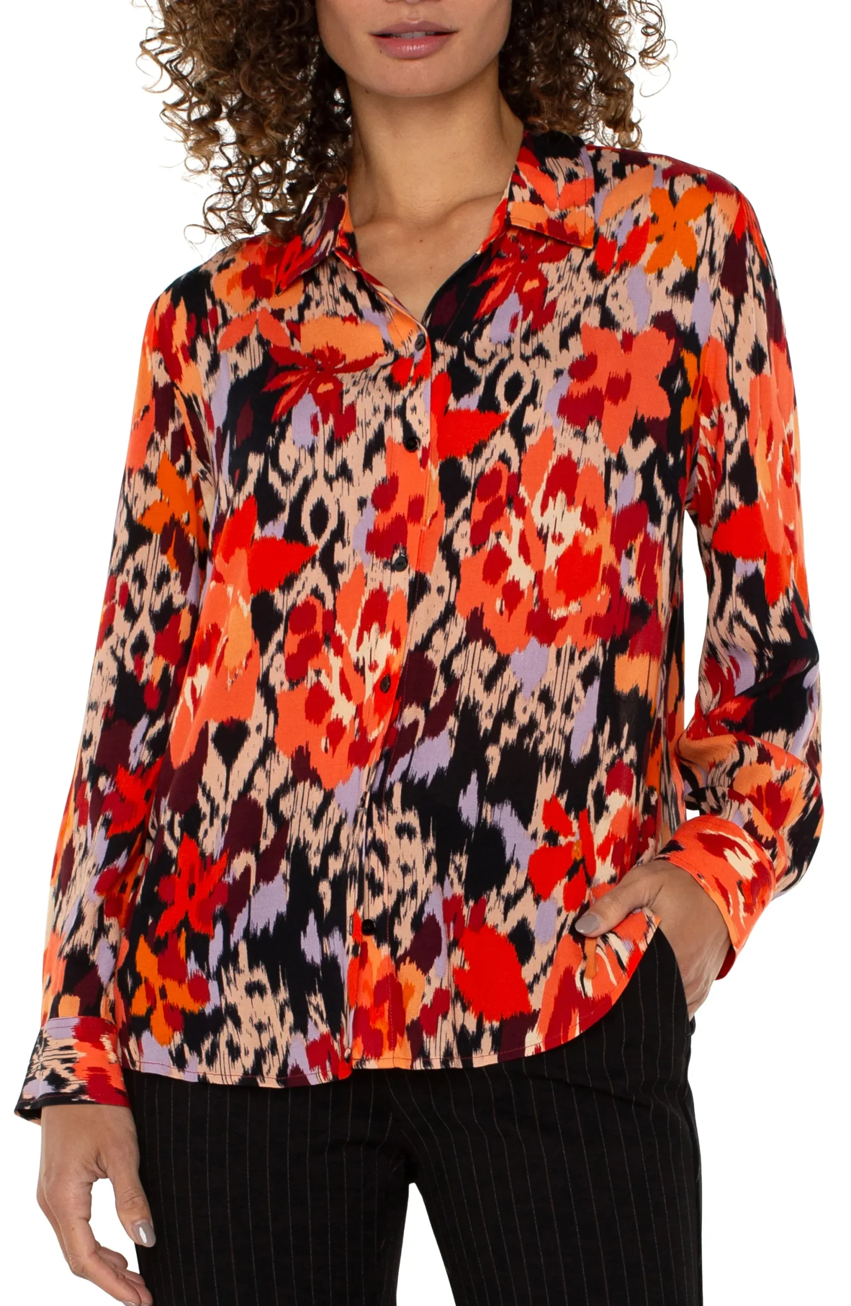 Tops-Liverpool Los Angeles PETITE LONG SLEEVE BUTTON UP WOVEN BLOUSE Burntorangefloral