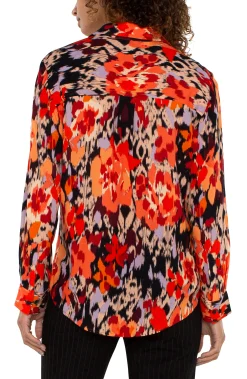 Tops-Liverpool Los Angeles PETITE LONG SLEEVE BUTTON UP WOVEN BLOUSE Burntorangefloral
