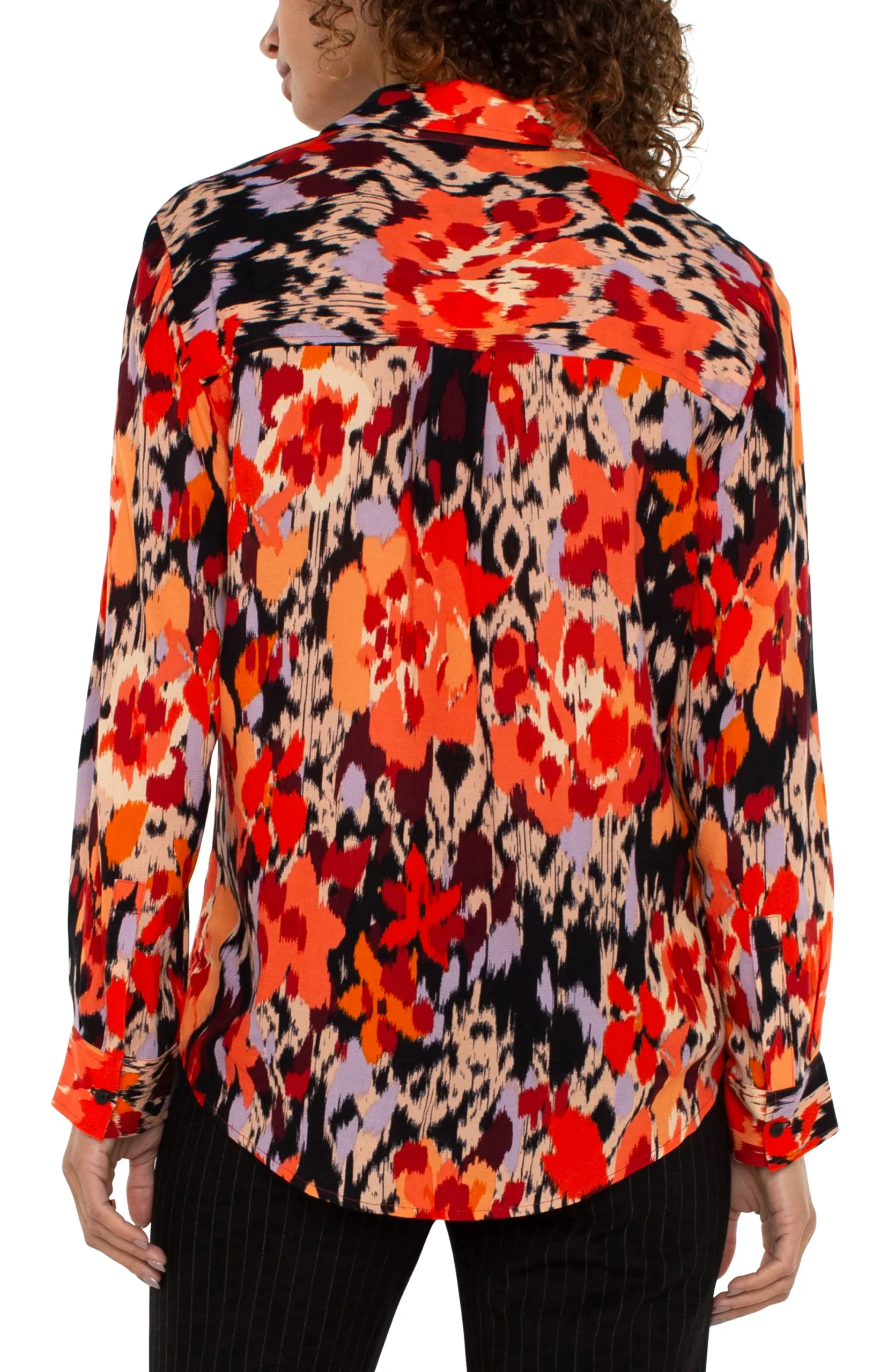 Tops-Liverpool Los Angeles PETITE LONG SLEEVE BUTTON UP WOVEN BLOUSE Burntorangefloral