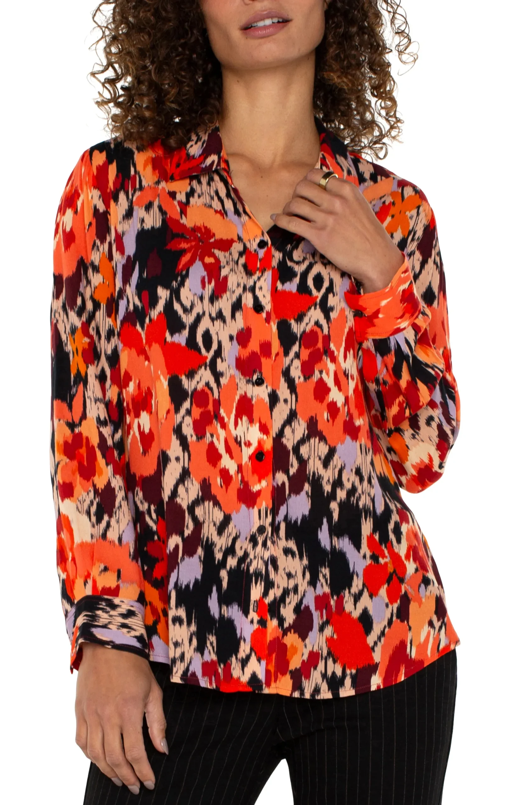 Tops-Liverpool Los Angeles PETITE LONG SLEEVE BUTTON UP WOVEN BLOUSE Burntorangefloral
