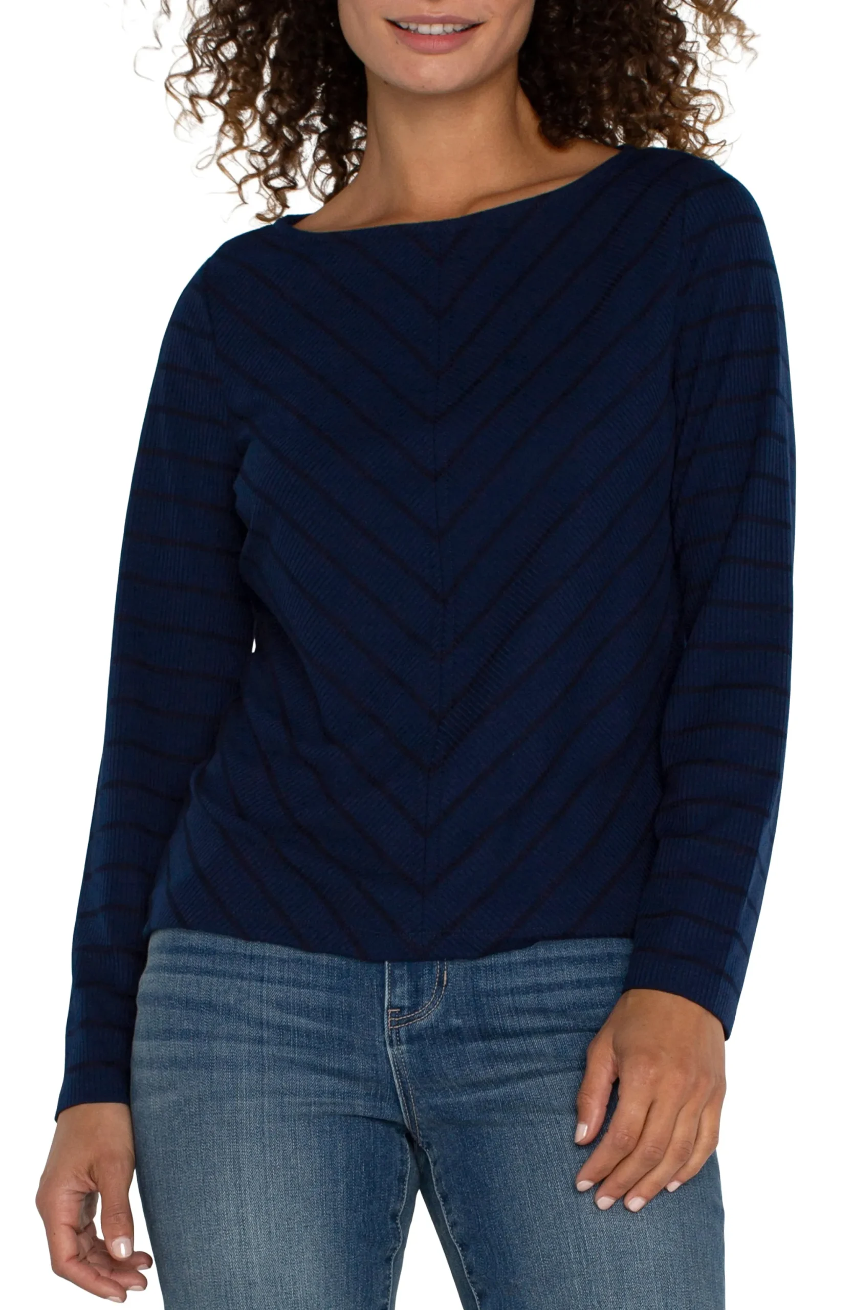 Tops-Liverpool Los Angeles PETITE LONG SLEEVE MITER KNIT TOP Darknavystripe