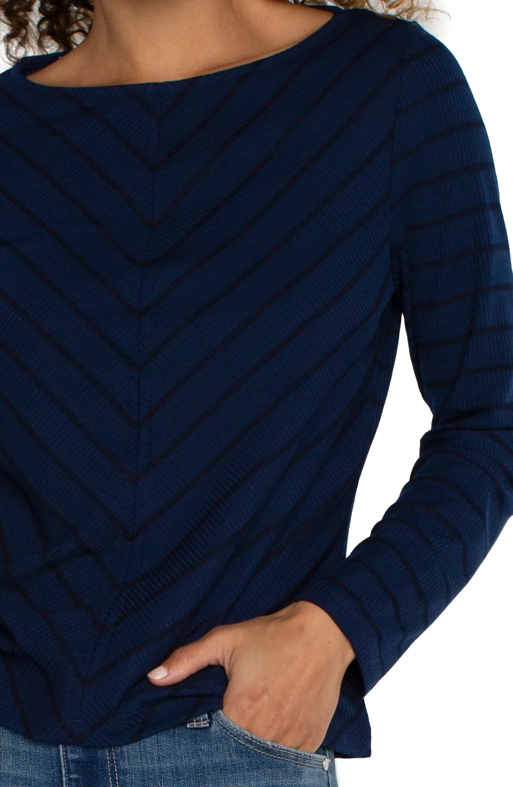 Tops-Liverpool Los Angeles PETITE LONG SLEEVE MITER KNIT TOP Darknavystripe
