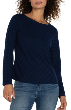 Tops-Liverpool Los Angeles PETITE LONG SLEEVE MITER KNIT TOP Darknavystripe
