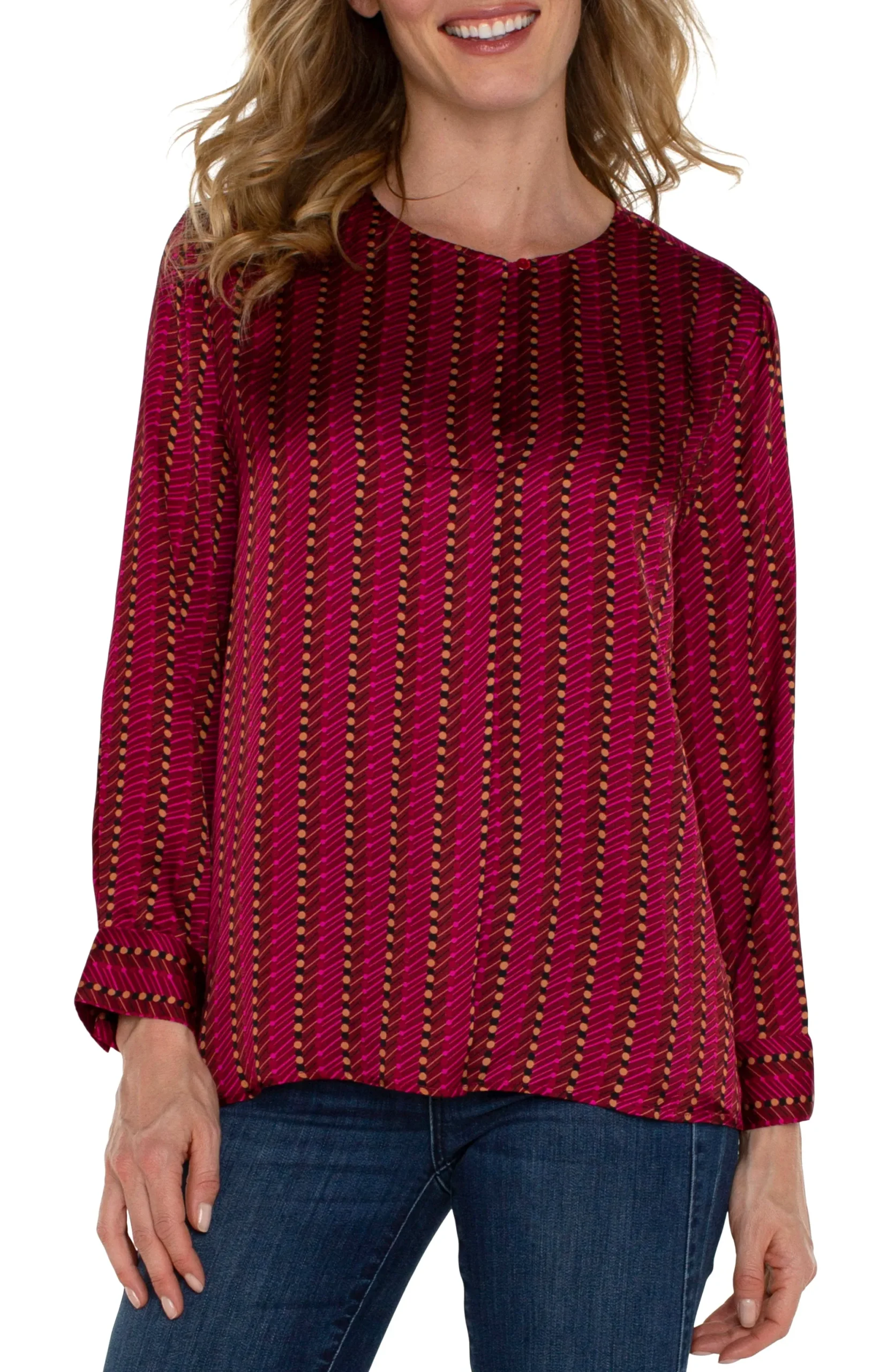 Tops-Liverpool Los Angeles PETITE LONG SLEEVE POPOVER WOVEN BLOUSE Rubydottedstripe