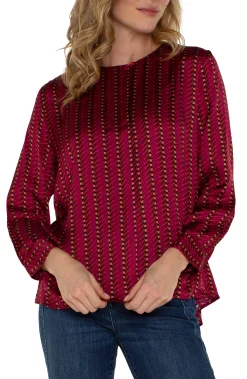 Tops-Liverpool Los Angeles PETITE LONG SLEEVE POPOVER WOVEN BLOUSE Rubydottedstripe