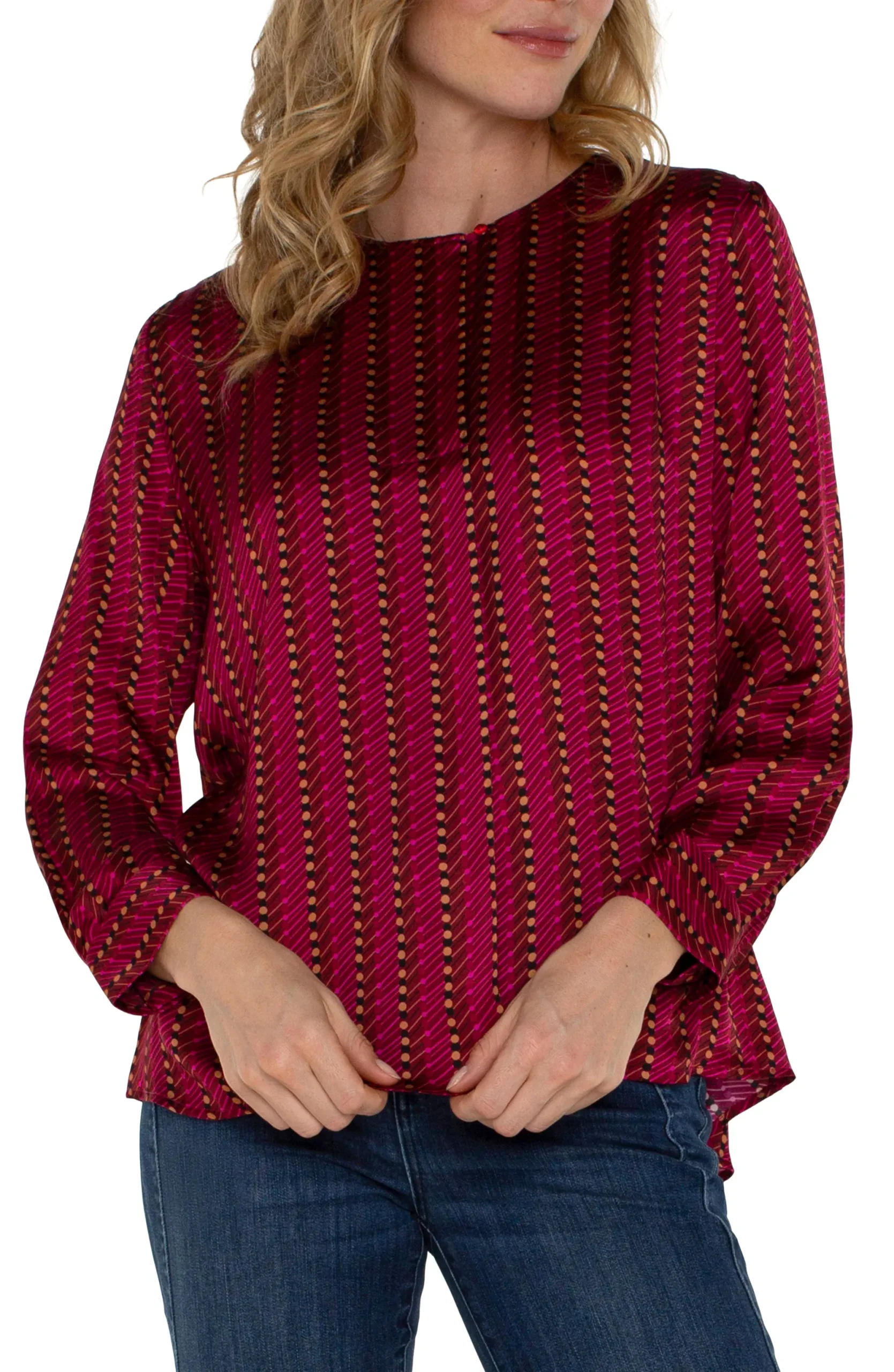 Tops-Liverpool Los Angeles PETITE LONG SLEEVE POPOVER WOVEN BLOUSE Rubydottedstripe