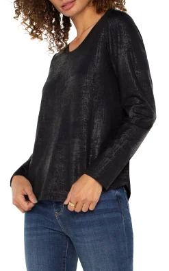 Tops-Liverpool Los Angeles PETITE LONG SLEEVE SCOOP NECK KNIT TOP Distressedblack