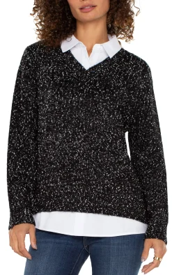 Tops-Liverpool Los Angeles PETITE LONG SLEEVE TWOFER COLLARED SWEATER Blackwithwhiteflecks