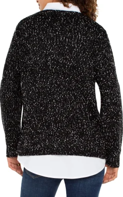 Tops-Liverpool Los Angeles PETITE LONG SLEEVE TWOFER COLLARED SWEATER Blackwithwhiteflecks